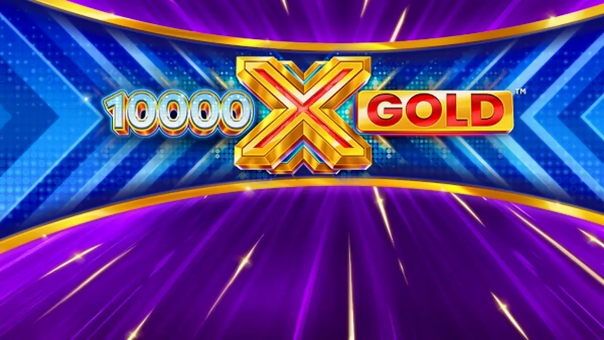 Captura de tela do jogo de slot 10,000 X Gold, mostrando cilindros dourados e símbolos brilhantes.